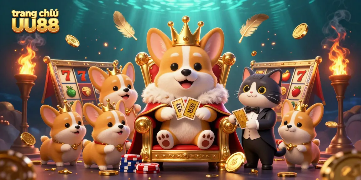 Experience thrilling gaming on trang chủ UU88 featuring a royal corgi in a vibrant casino scene.
