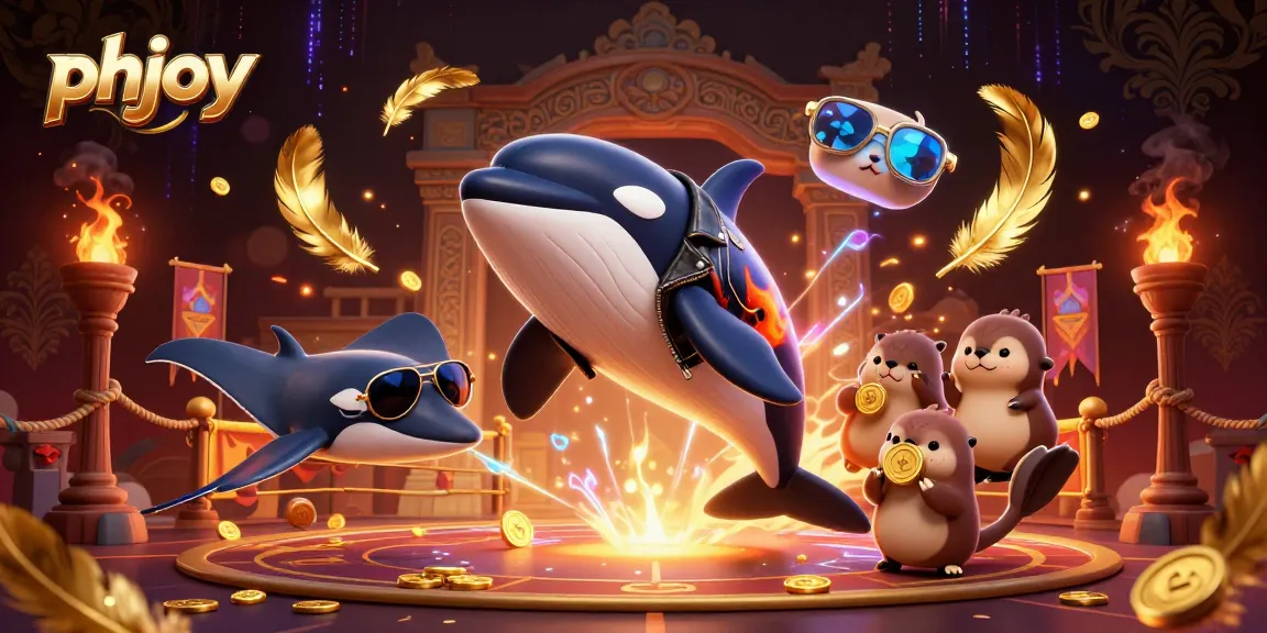 Experience thrilling gaming with phjoy featuring a dynamic 3D illustration of underwater characters and golden coins.