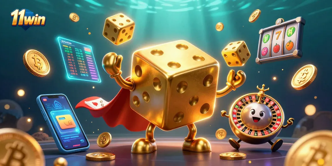 Engage with 11WIN's vibrant casino gaming adventure featuring golden dice, crypto coins, and slot reels.