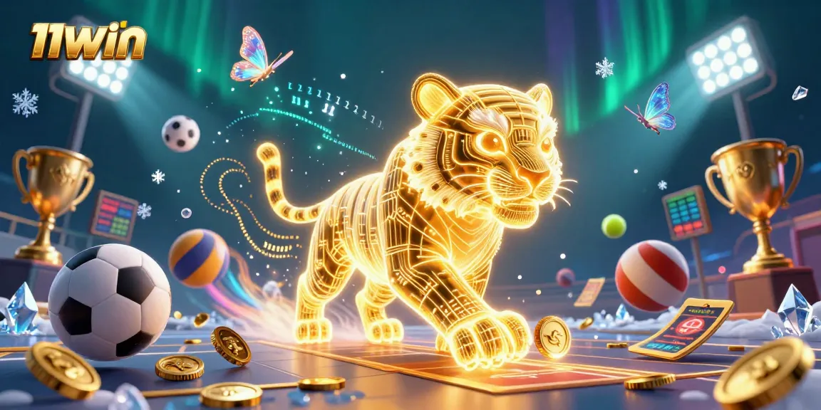 Experience thrilling wins with 11WIN's vibrant casino fantasy featuring a golden tiger and dynamic sports balls.