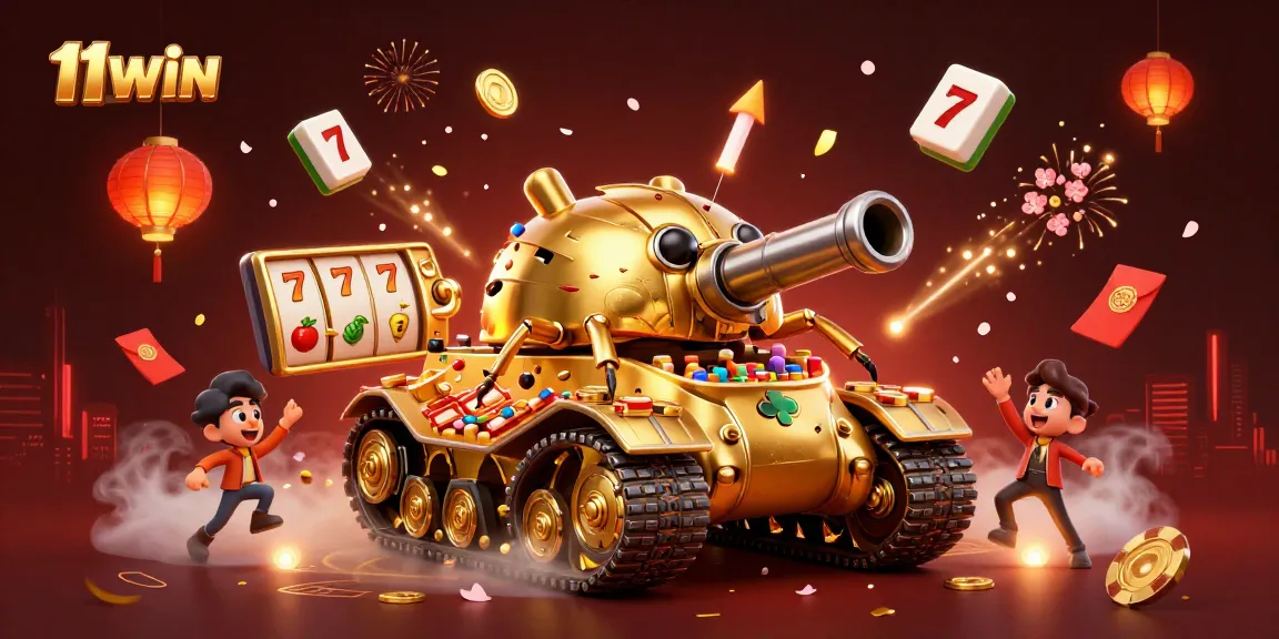 Engage with 11WIN’s vibrant casino scene featuring the golden beetle tank, slot reels, and festive elements.