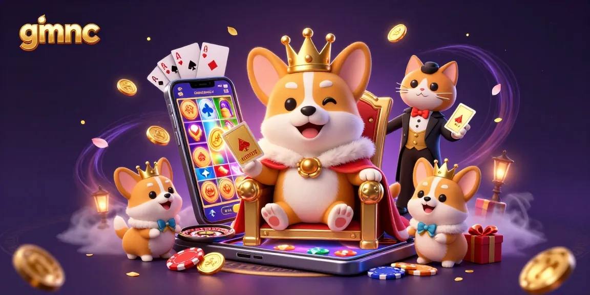 Experience gmnc with a royal corgi king surrounded by slot games, poker chips, and festive casino elements.