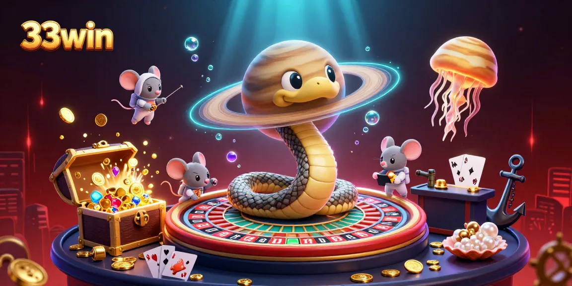 33win players engage in thrilling bets with giant cosmic characters in a unique 3D casino setting.