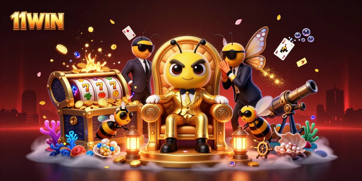 Experience the excitement of 11WIN in a vibrant 3D casino scene filled with characters and slot reels.