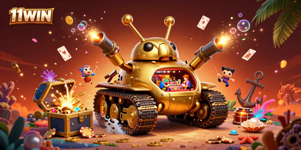 Engage in excitement with 11WIN's creative casino adventure featuring a golden beetle tank.