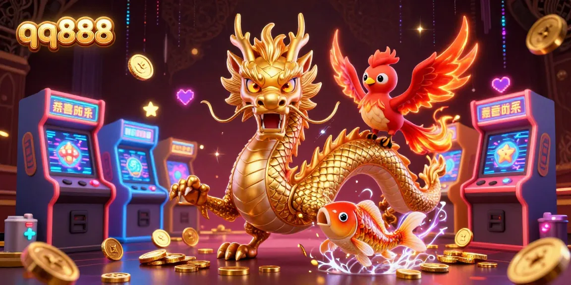 Engage in thrilling battles at qq888 with a golden dragon, phoenix, and koi fish in a vibrant gaming landscape.