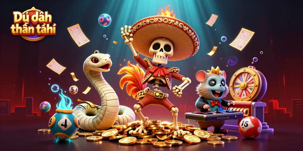 Engage with Dự đoán thần tài as a lively cartoon scene filled with lucky lottery elements and festive characters.