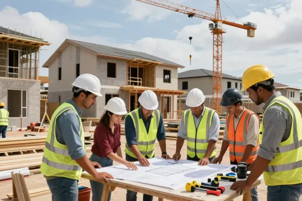 Construction companies san jose team collaborating on new home project at modern site.