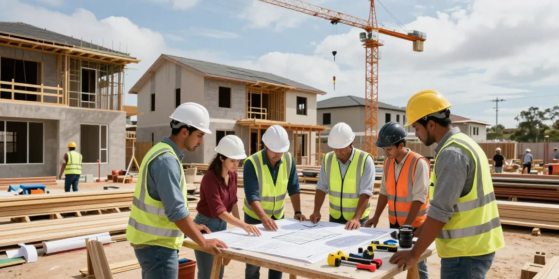 Construction companies san jose team collaborating on new home project at modern site.