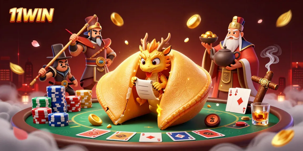 Engage in winning strategies at 11WIN with a vibrant casino scene featuring poker elements.