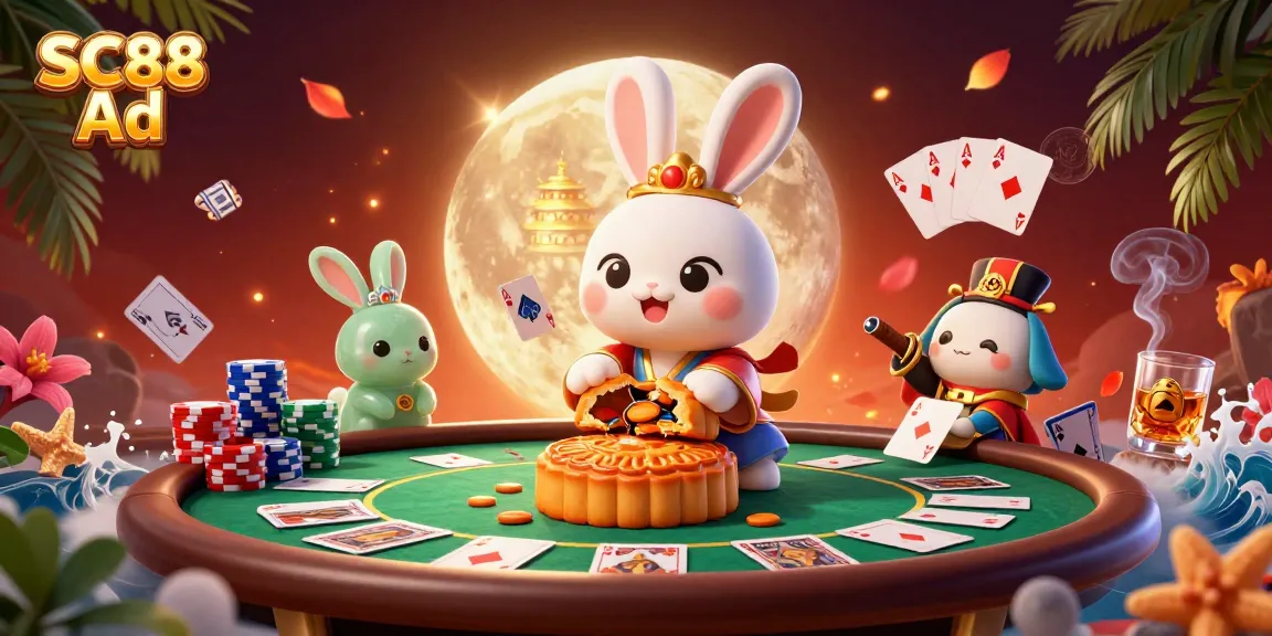 Join the fun with SC88 Ad casino scene depicting a moon rabbit revealing poker chips.