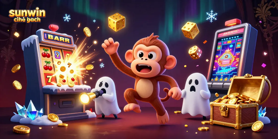 Experience the thrill of sunwin chính hãng with a lively 3D scene of a playful ghost and puppy in a vibrant casino setting.