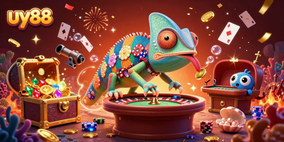 Experience excitement with uy88, where the colorful chameleon casino owner attracts golden treasures amidst a thrilling atmosphere.