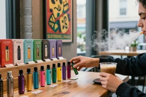 Explore the vibrant selection of top disposable vapes in usa at a stylish urban café.