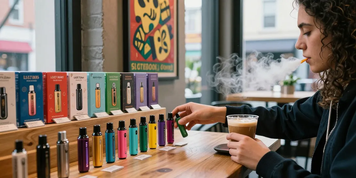 Explore the vibrant selection of top disposable vapes in usa at a stylish urban café.
