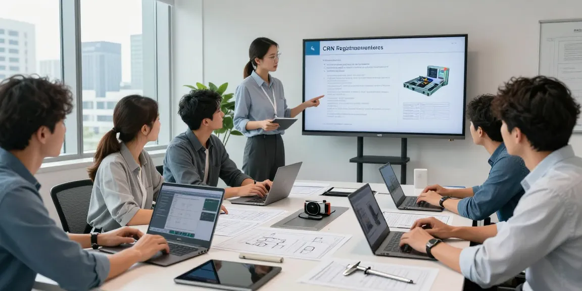 Engineers discussing CRN registration Canada strategies in a modern office setting.