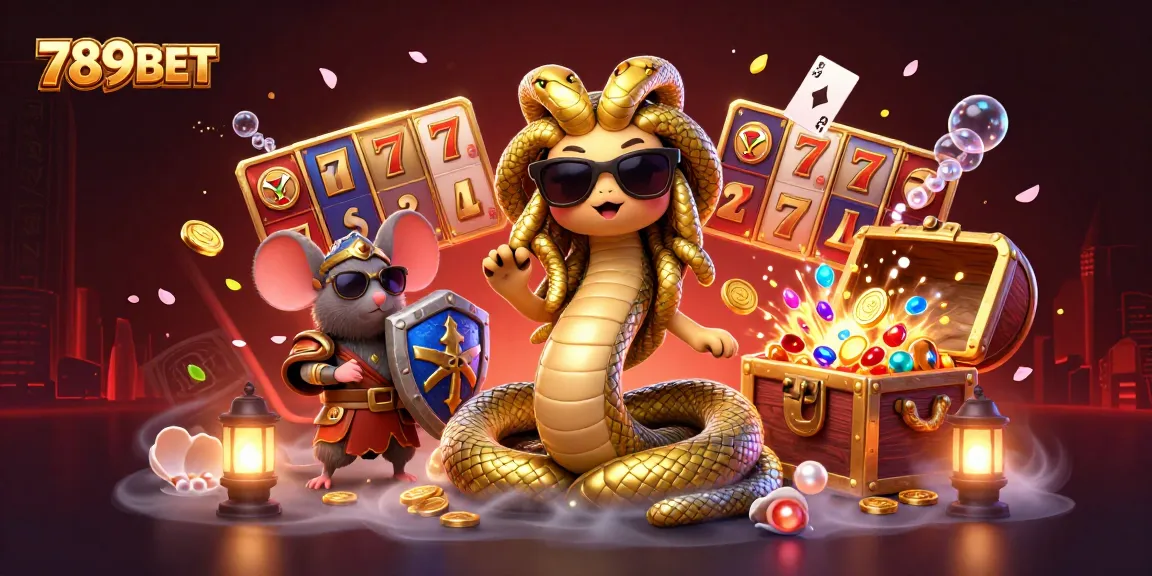 Experience the vibrant gaming world of 789BET featuring a dynamic Medusa and warrior mouse amidst slots and treasures