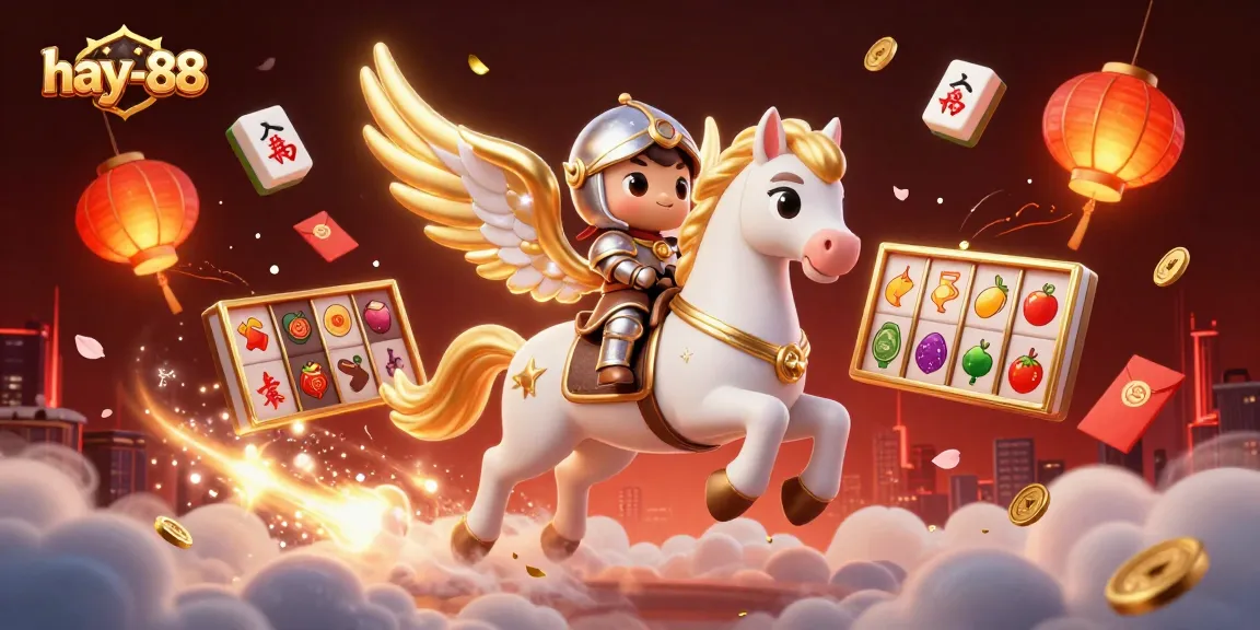 Experience the excitement of hay-88 with a dynamic 3D illustration featuring a celestial horse and knight amid slot games.
