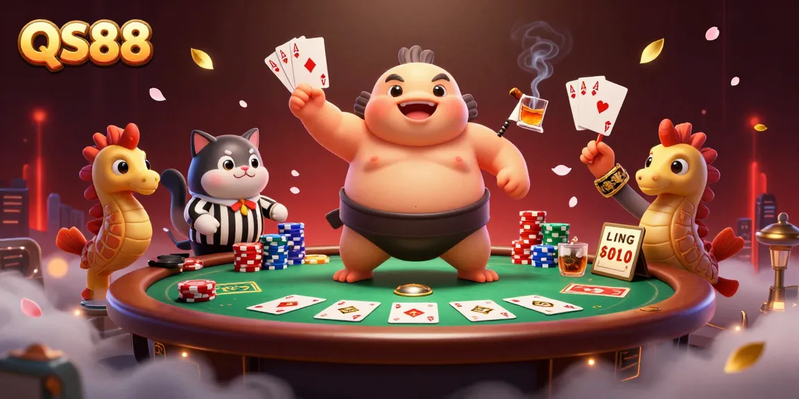 Experience QS88's vibrant underwater casino adventure with a fugu fighter and wise catfish referee.