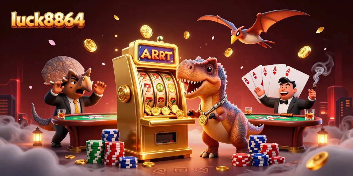 Catch a jackpot with luck8864 in this vibrant 3D casino scene filled with slot machines and colorful poker elements.