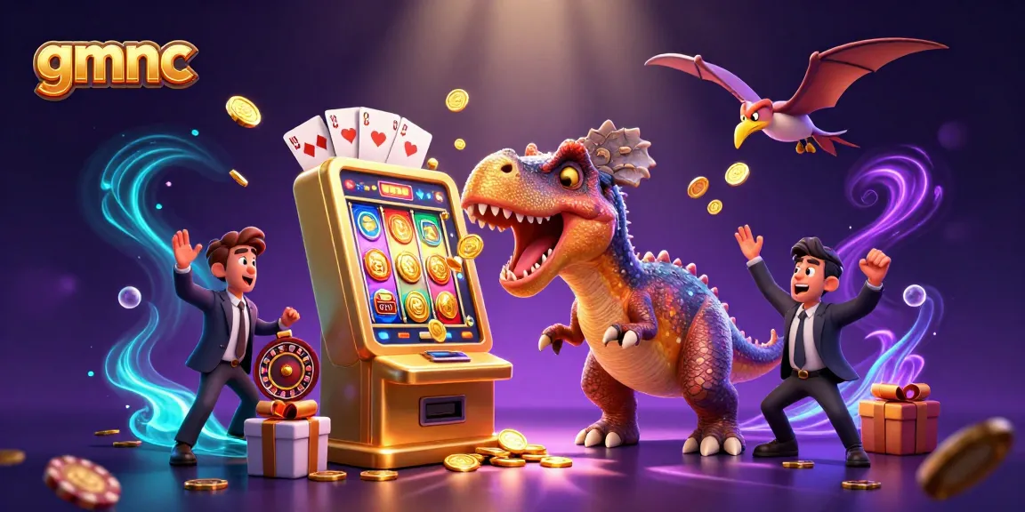 gmnc illustration of a dinosaur winning jackpot coins from a slot machine while a casino manager looks on