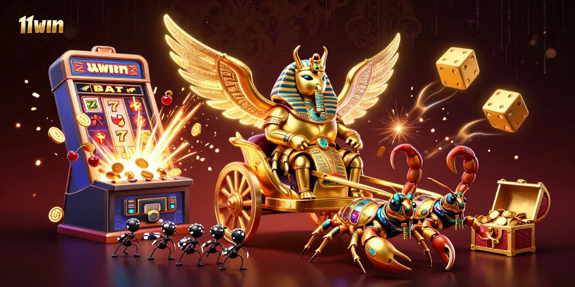 11WIN showcases an epic casino battle scene featuring a golden scarab beetle and scorpions.