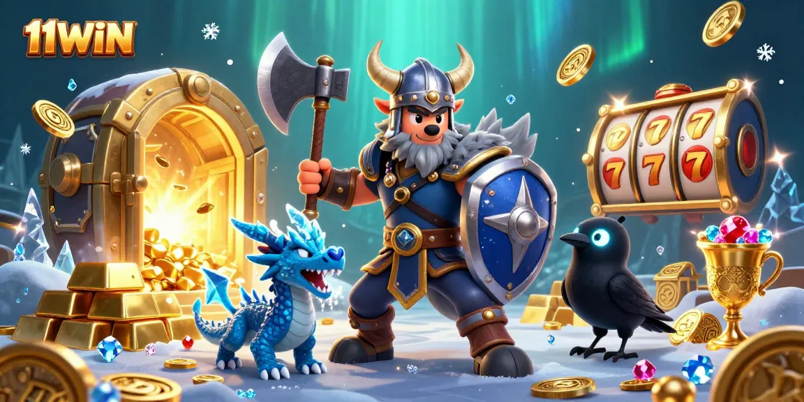 Play slots with 11WIN alongside a Viking wolf, dragon, and treasure in a vibrant casino scene.