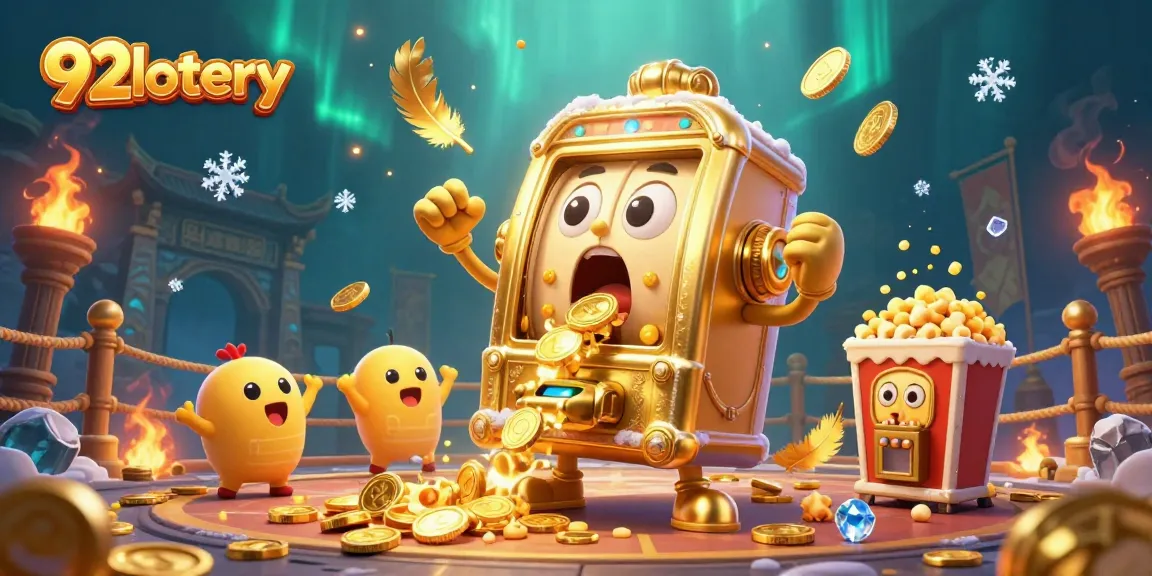 92lottery slot machine celebrates hitting a jackpot amid excitement, with coins and cheering elements