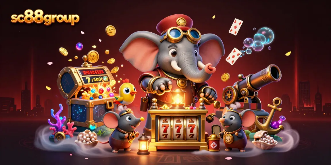 Play slots at sc88group with a whimsical steampunk elephant engineer illustration.