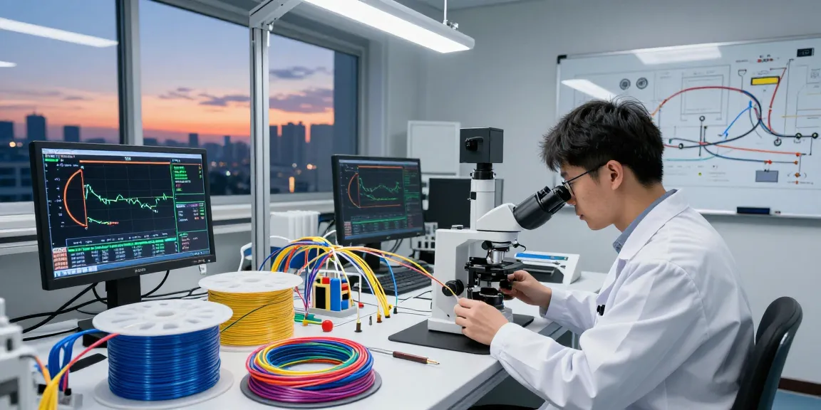 Engineers analyzing fiber optic fiber in a modern telecommunications lab.